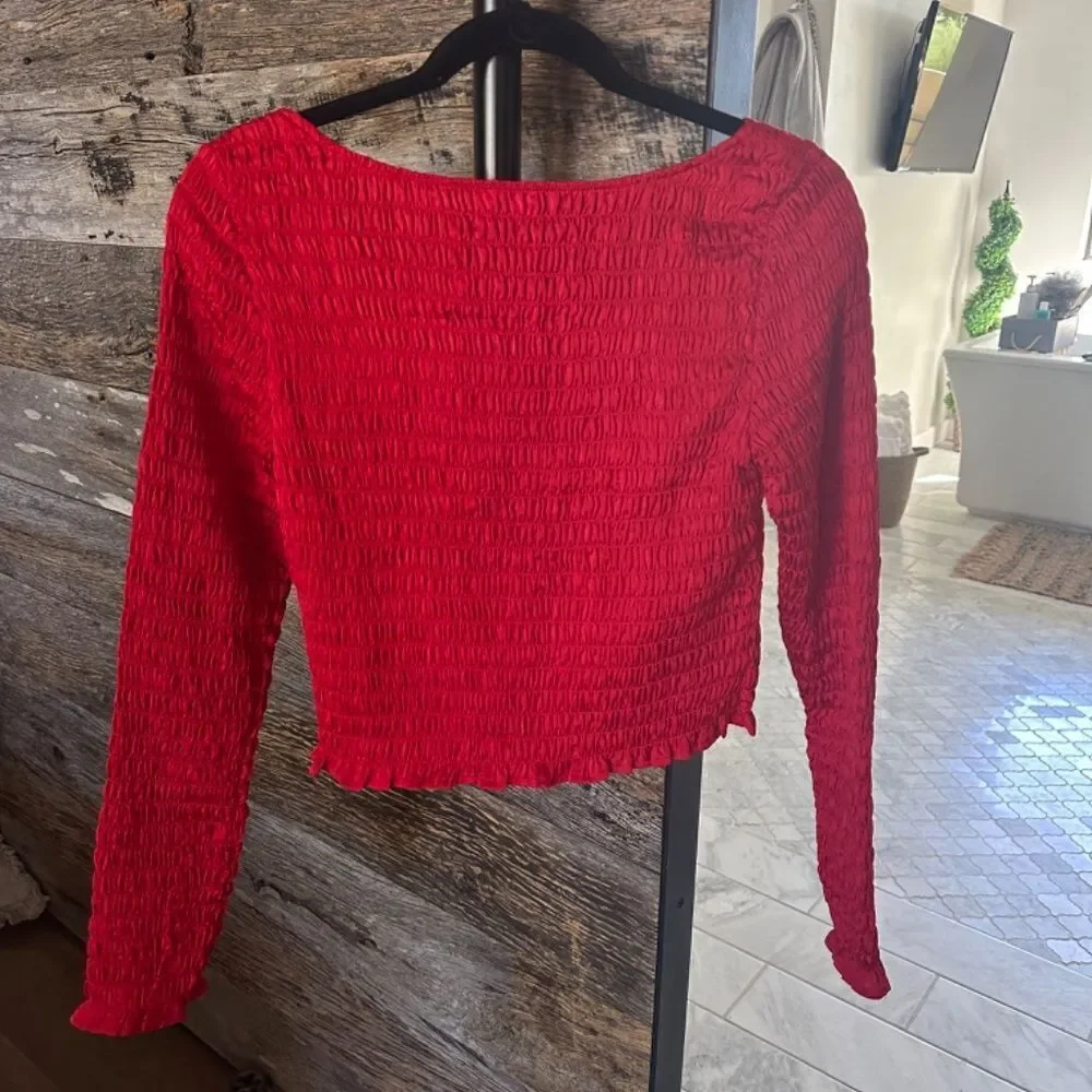 OPEN EDIT Smocked Scoop Neck Crop Top Red Goji Size M NEW